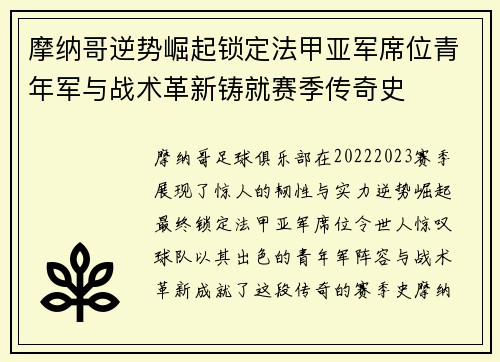 摩纳哥逆势崛起锁定法甲亚军席位青年军与战术革新铸就赛季传奇史